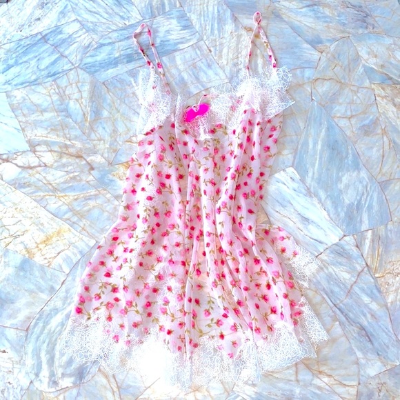 Small Sheer Rose Lace Trim Nighty Slip Night Gown Top Cami Lingerie Rosebud